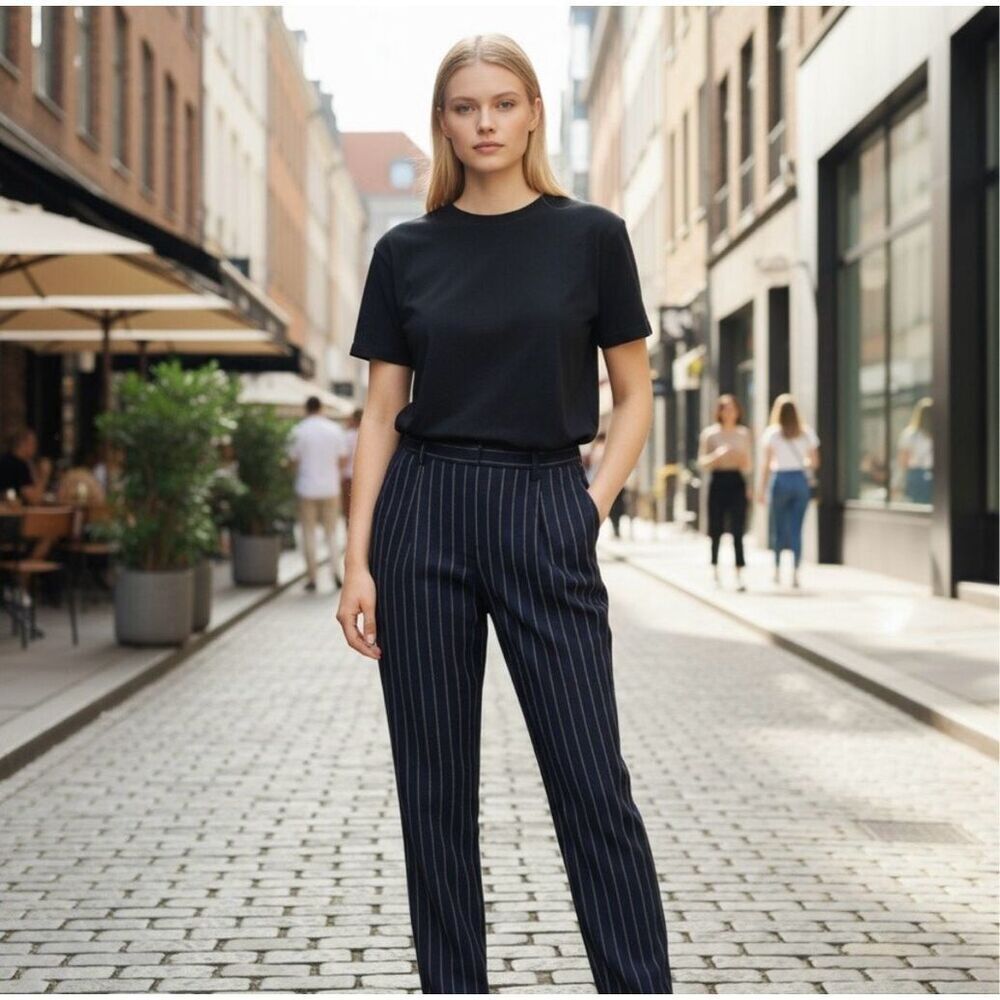 Ralph Lauren Navy Pin Striped Wool-Blend Women's Straight Leg Lined Sz 10 Pants